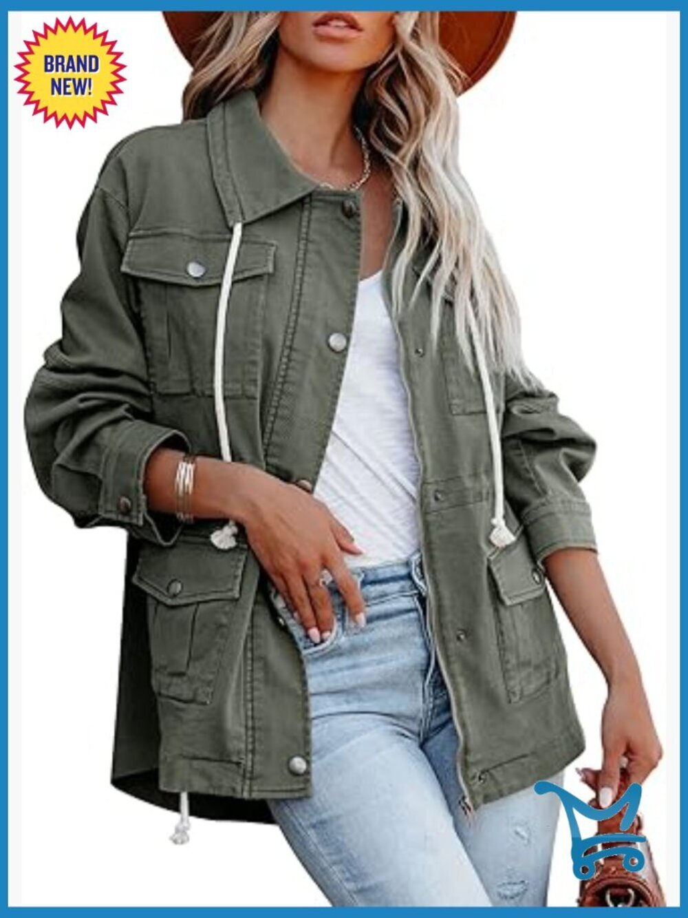 Womens Military Anorak Jacket Zip Up Snap Buttons Lightweight Utility Coat